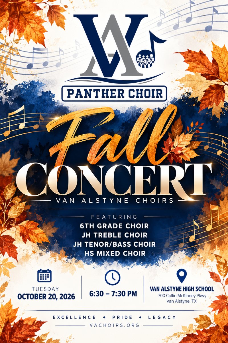 Flyer advertising the Panther Choirs Fall Concert on Oct 20 at Van Alstyne High School